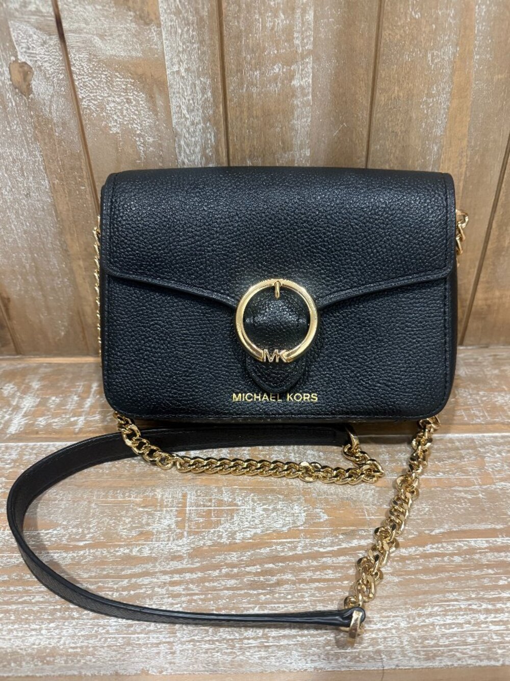 Michael Kors Wanda Crossbody Bag Black Pebbled Leather Structured Chain Strap